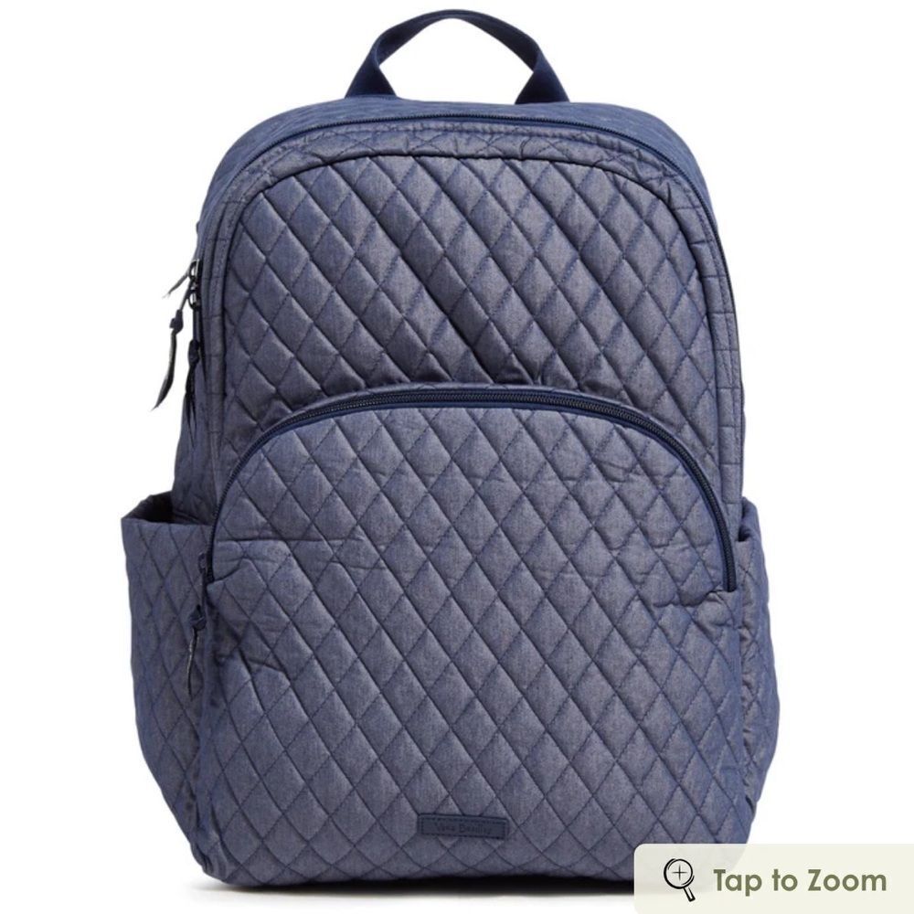 Vera Bradley Denim Moonlight Navy Large Laptop Essential Quilted Backpack 31L - Picture 2 of 15